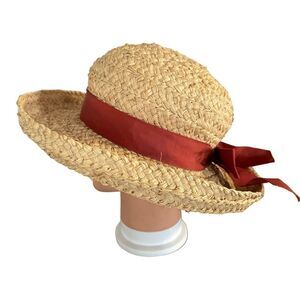 San Francisco Hat Co Womens Straw Hat Rolled Brim Red Bow Cottage Core 21.25"